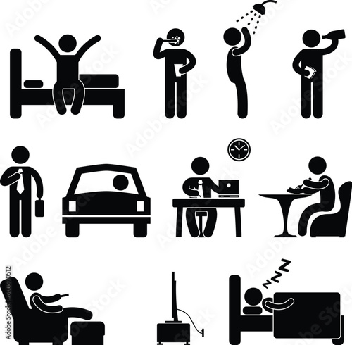 A set of pictogram showing a man daily routine.