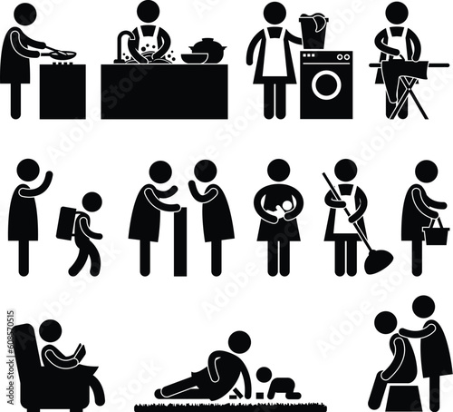 A set of pictogram about a woman daily activity.