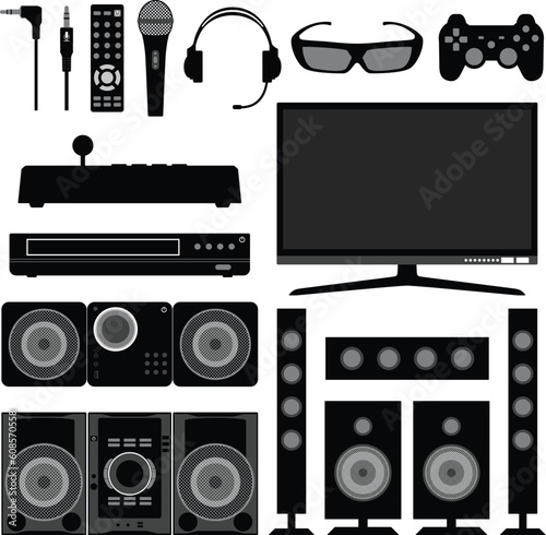 A set of audio and visual equipment in silhouette.
