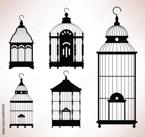 A set of bird cage designs in silhouette.