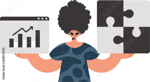 The fellow is holding a confuse and a positive development chart. Thought group work. Disconnected. Trendy style, Vector Illustration