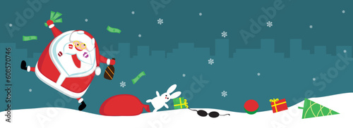 Singing Santa with lipstick marks, money and bottle lost his sack with toys. Vector