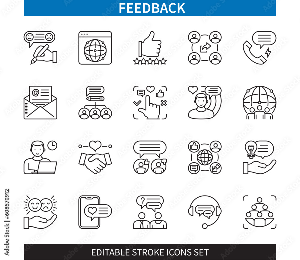 Fototapeta premium Editable line Feedback outline icon set. Followers, response, rating, call center, , comment, email. Editable stroke icons EPS