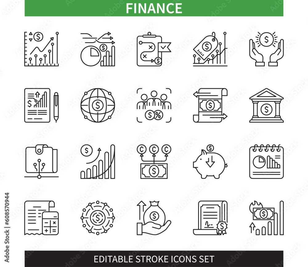 Editable line Finance outline icon set. Commerce, payments, inflation, business, savings, accounting, investment. Editable stroke icons EPS