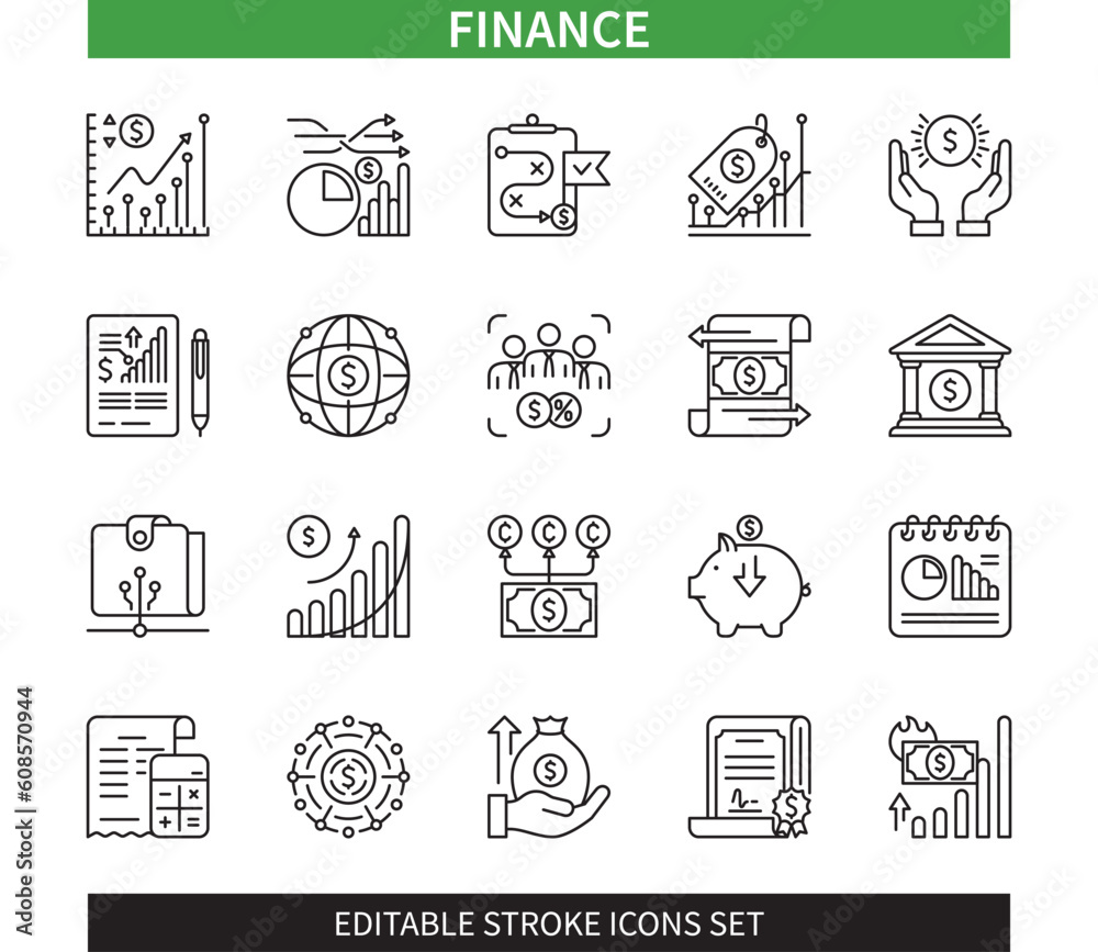 Editable line Finance outline icon set. Commerce, payments, inflation, business, savings, accounting, investment. Editable stroke icons EPS Editable line Finance outline icon set. Commerce, payments, inflation, business, savings, accounting, investment. Editable stroke icons EPS