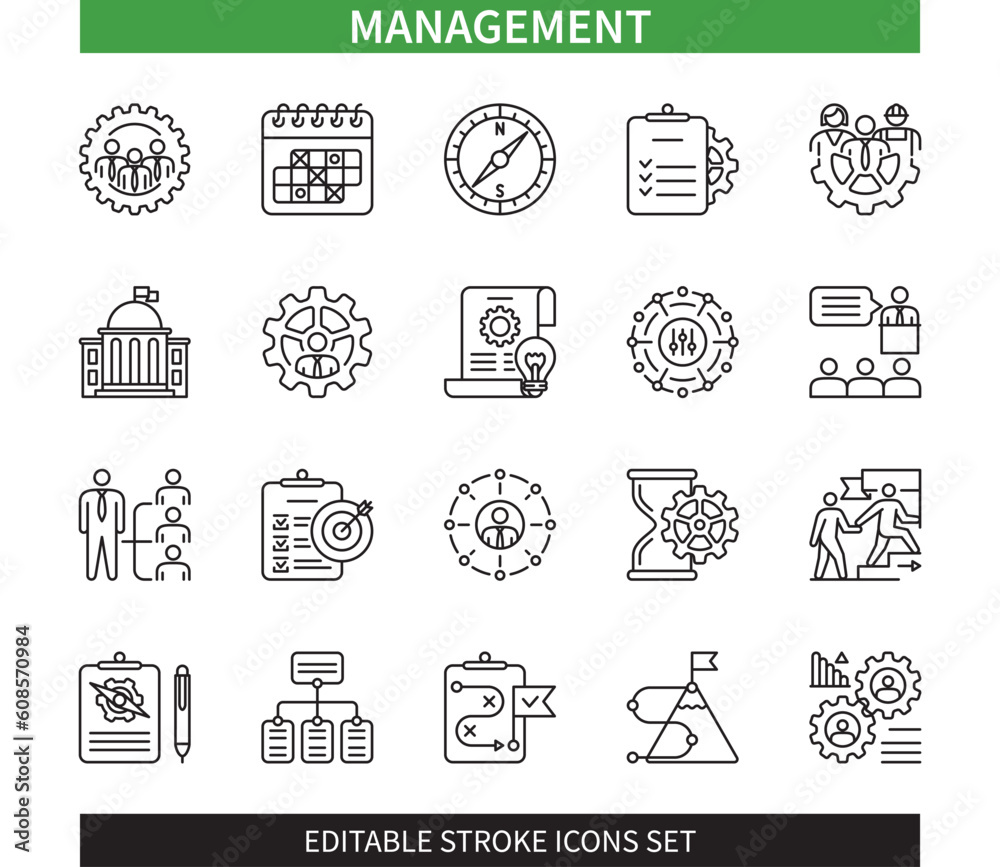 Editable line Management outline icon set. Strategy, resources, roadmap, team, project, technology, business, structure, plan, employees. Editable stroke icons EPS