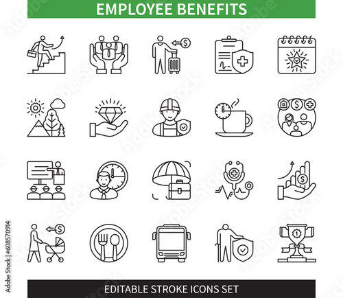Editable line Employee benefits outline icon set. Insurance, vacation, pension, corporate, money, coffee break, career, wellness. Editable stroke icons EPS