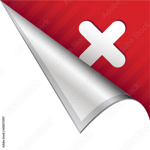 X or Close icon on vector peeled corner tab suitable for use in print, on websites, or in advertising materials.