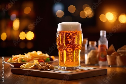 Portrait a glass of beer with foods on the table AI Generative