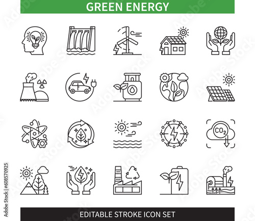 Editable line Green energy outline icon set. Nuclear power plant, Solar energy, Wind turbine, Battery, Biogas, Geothermal energy. Editable stroke icons EPS