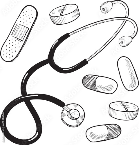 Doodle style medical or doctor illustration with pills, capsules, bandage, and stethoscope