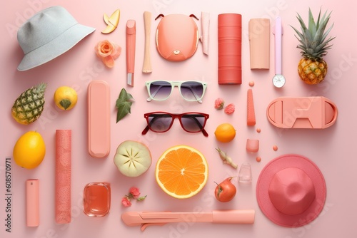 Summer accesories for sunny days and vacations on pastel background. Sunglasses, sandals, hat for beach fun time. Generative AI