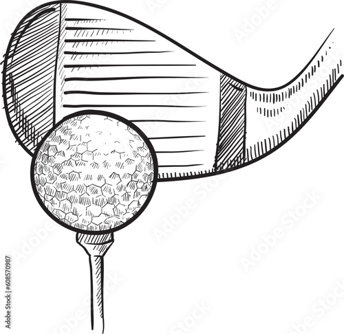 Doodle style golf vector illustration with club head, ball, and tee
