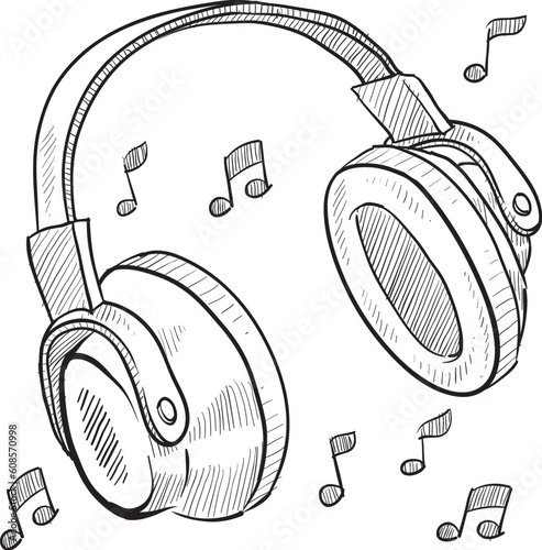 Doodle style headphones vector illustration with musical notes