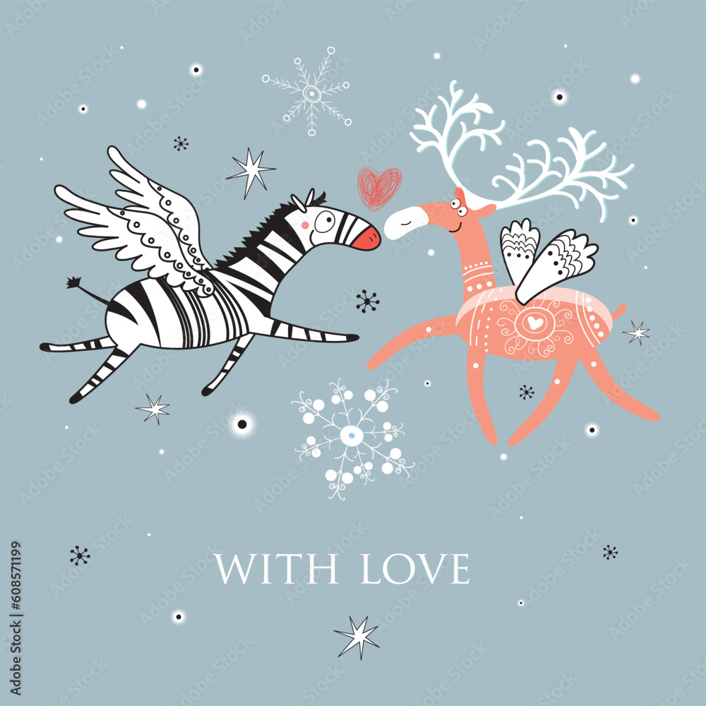 fun loving deer and a zebra on a gray background with snowflakes