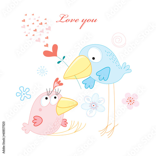 funny love birds on a white background with hearts and flowers