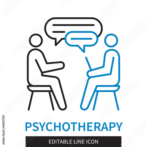 Editable line Psychotherapy outline icon. Psychologist talking to patient. Treatment session. Editable stroke icon isolated on white background