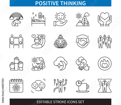 Editable line Positive thinking outline icon set. Passion, dream, psychology, imagination, good sleeping, inspiration, satisfaction. Editable stroke icons EPS