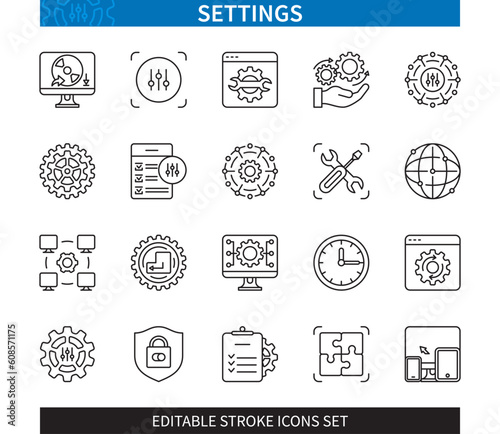 Editable line Settings outline icon set. Configuration, system, installation, option, software, restore, secure, modification, devices. Editable stroke icons EPS
