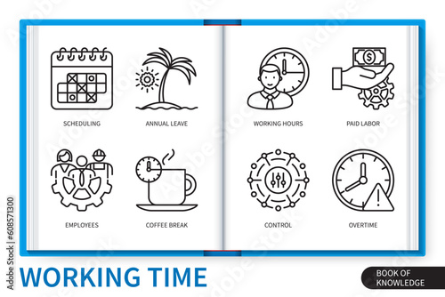 Working time infographics elements set. Paid labor, scheduling, employees, coffee break, working hours, annual leave, control, overtime. Web vector linear icons collection