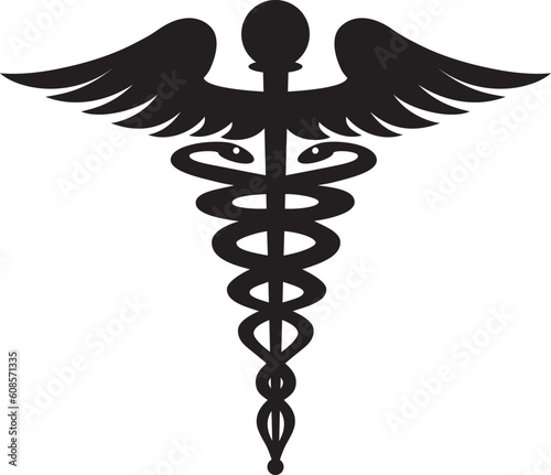 Black caduceus symbol isolated on white.