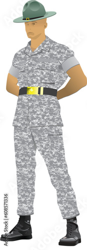 Military drill instructor standing in parade rest position, illustration isolated on white.
