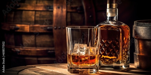 Portrait a glass of whiskey on the wooden table with barrel background AI Generative