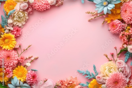 Festive spring flowers on pastel pink background. Top view. Copy space. Birthday, Mother's, Valentines, Women's, Wedding Day concept. Generative AI