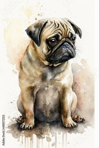 Pug dog watercolor painting. Generative AI illustration