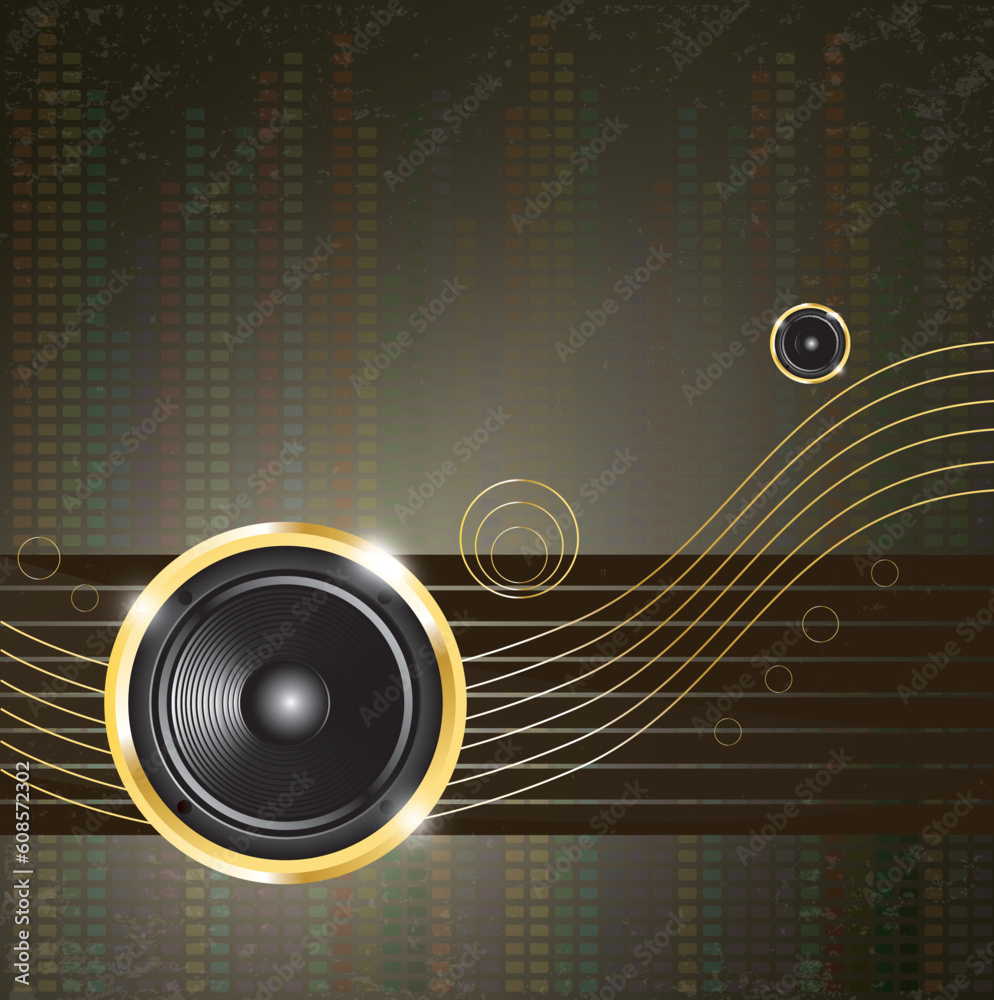 Modern music background with golden speaker on lines