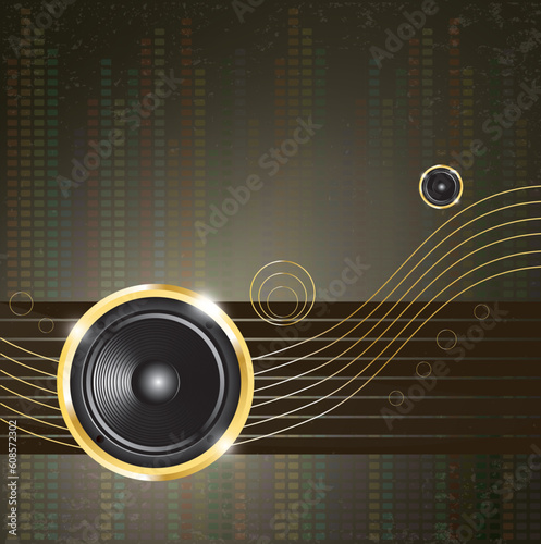Modern music background with golden speaker on lines
