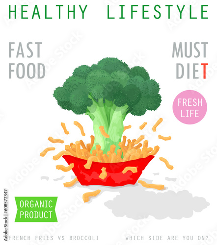 Healthy and unhealthy food. French fries and broccoli. Lifestyle concept the choice between fast food and healthy products. Vector poster