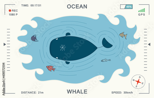 Children's cartoon illustration with a whale in the ocean. Top view. Video surveillance with a drone from above. Vector template