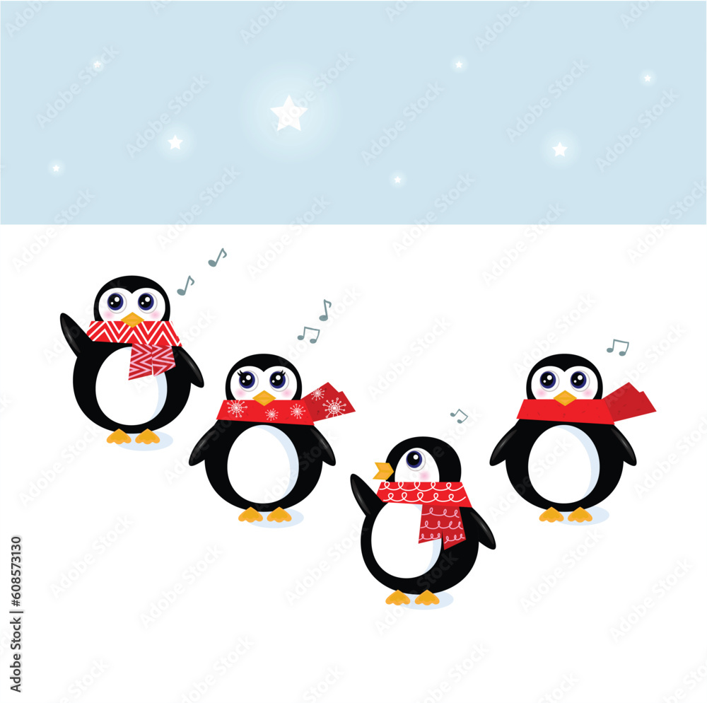 Fototapeta premium Cute Penguins singing christmas song. Vector Illustration