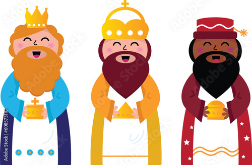 Caspar, Melchior and Balthazar follow the star of Bethlehem. Vector cartoon Illustration