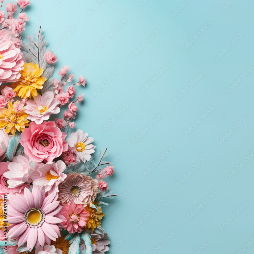 Festive spring flowers on blue background. Top view. Copy space. Birthday, Mother's, Valentines, Women's, Wedding Day concept. Generative AI Festive spring flowers on blue background. Top view. Copy space. Birthday, Mother's, Valentines, Women's, Wedding Day concept. Generative AI