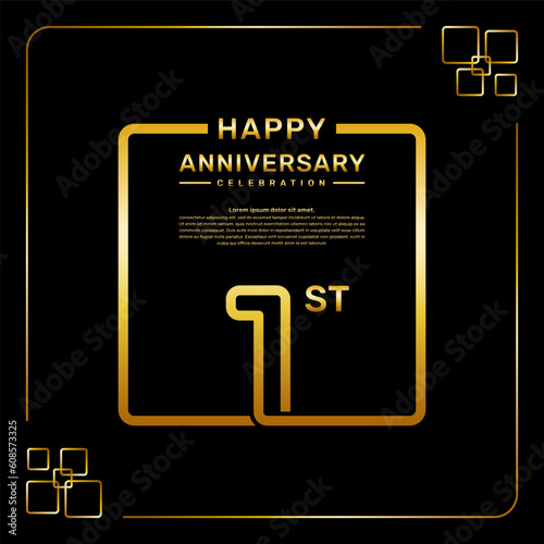 1 year anniversary celebration logo in golden color, square style, vector template illustration