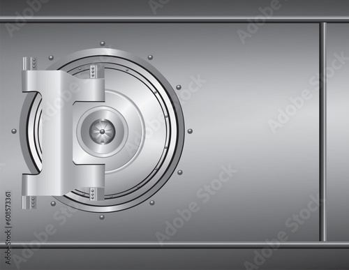 Closed circular steel bank vault door. Vector illustration.