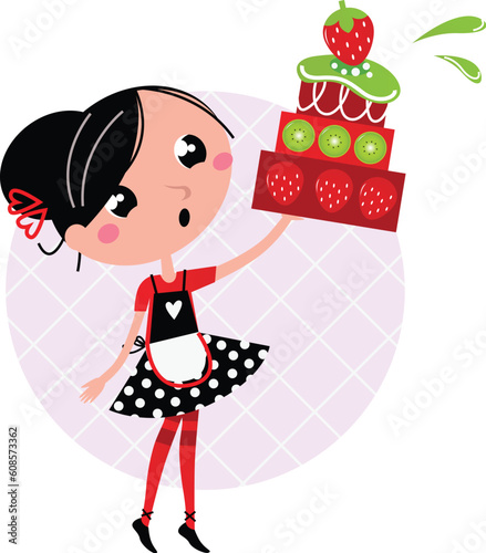 Cute retro girl holding Cake. Vector cartoon illustration