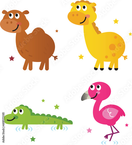 Safari animals - giraffe  camel  croc and flamengo. Vector cartoon