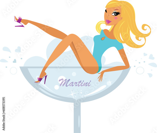 Woman sitting in alcohol glass showing her legs. Vector retro Illustration