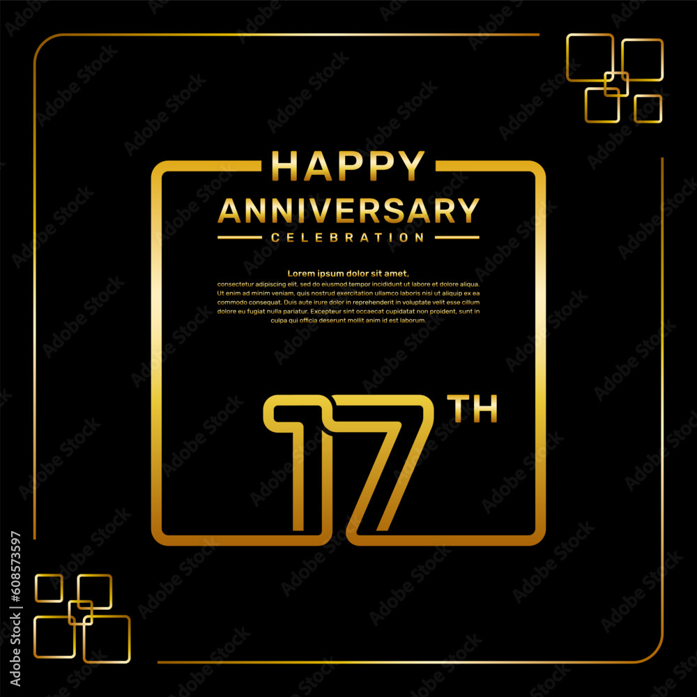 17 year anniversary celebration logo in golden color, square style, vector template illustration
