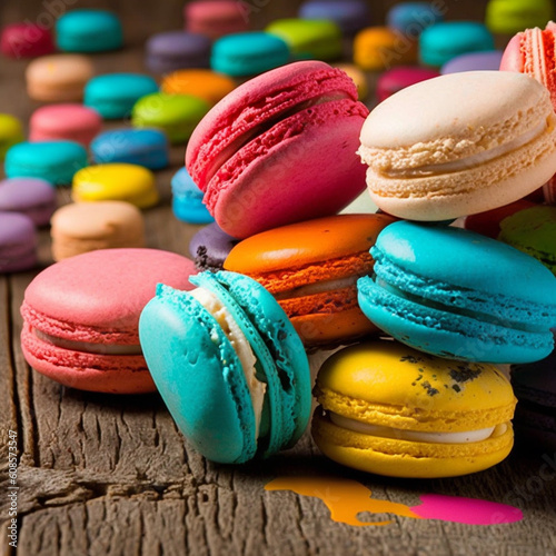 Cake macaron or macaroon stack on wooden table, colorful bright cookies closeup.