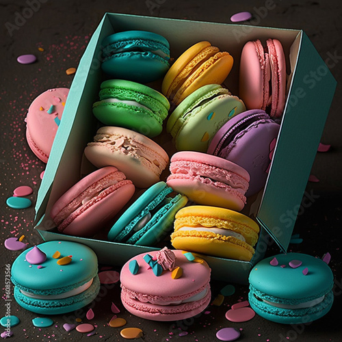Cakes macaron or macaroon in blue box on rustic table, colorful bright cookies.