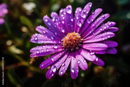 Portrait macro aster blooms flower with water drops AI Generative