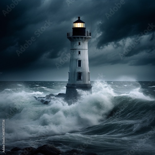 Illuminating the Darkness  Dramatic Lighthouse Wallpapers in the Midst of a Storm  Generative AI
