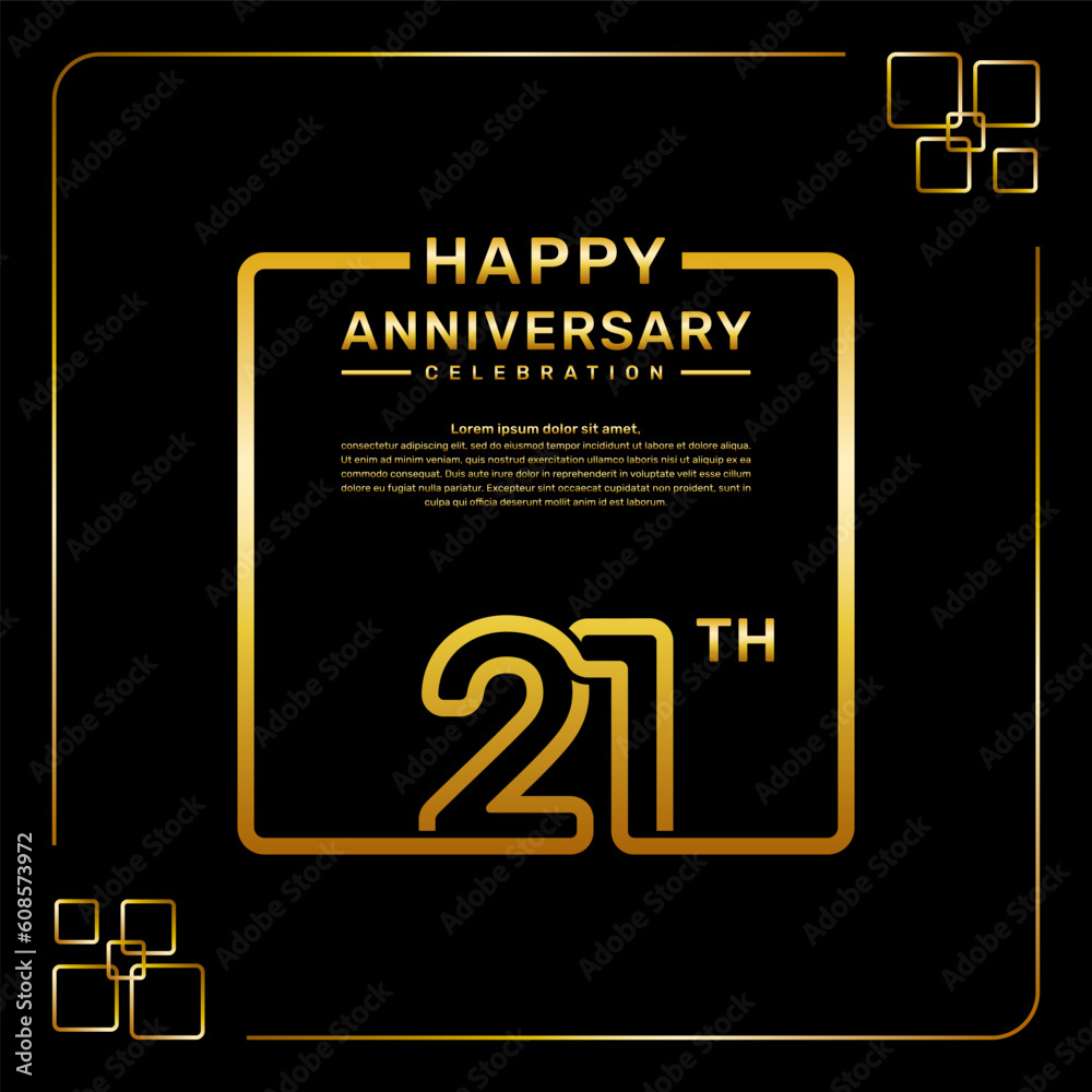 21 year anniversary celebration logo in golden color, square style, vector template illustration