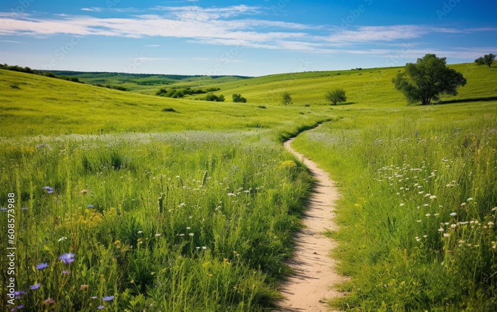 A Journey through Nature's Canvas: Exploring a Vibrant Field via a Tranquil Pathway, Generative AI