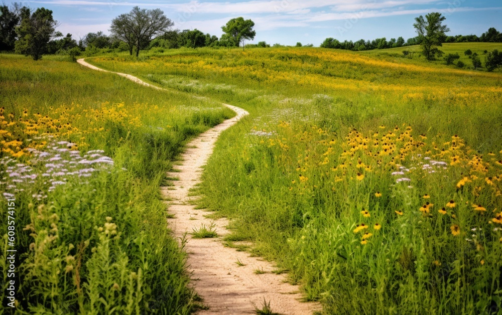 A Journey through Nature's Canvas: Exploring a Vibrant Field via a Tranquil Pathway, Generative AI A Journey through Nature's Canvas: Exploring a Vibrant Field via a Tranquil Pathway, Generative AI