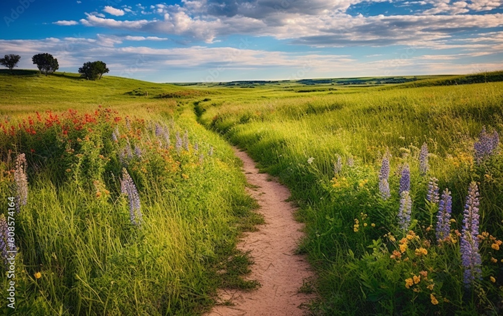 A Journey through Nature's Canvas: Exploring a Vibrant Field via a Tranquil Pathway, Generative AI